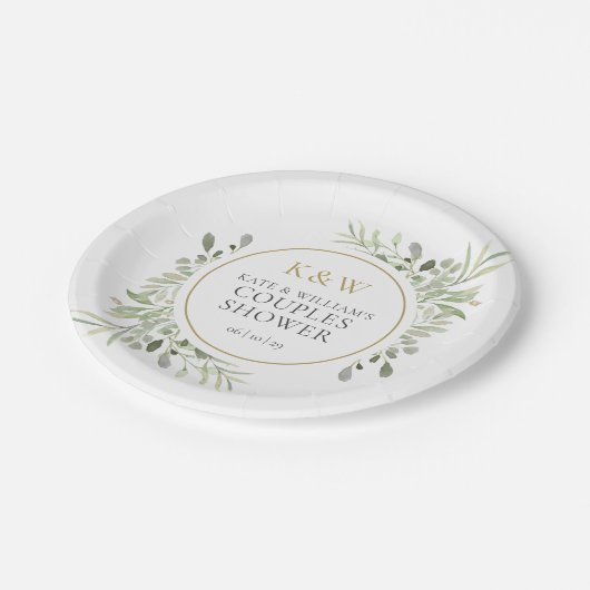 Elegant Gold Monogram Greenerenery Couples Dusche Pappteller (Schrägansicht)