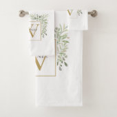 Elegant Gold Monogram Greenery Floral Badhandtuch Set (Insitu)