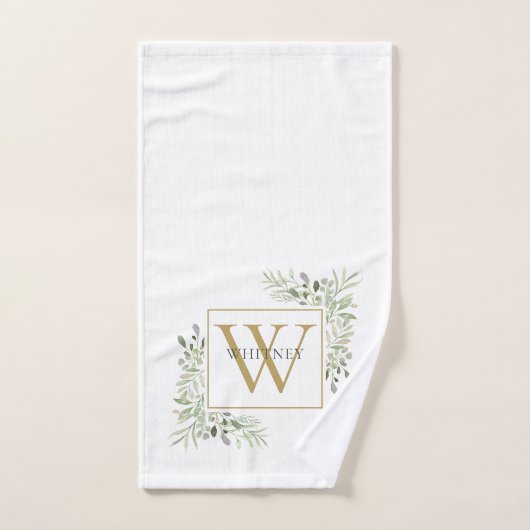 Elegant Gold Monogram Greenery Floral Badhandtuch Set (Handtuch)