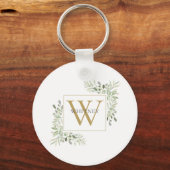 Elegant Gold Monogram Greenery Personalisiert Schlüsselanhänger (Vorderseite)