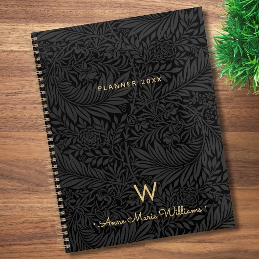 Elegant Gold Monogram Name Black Floral 2026 Planer