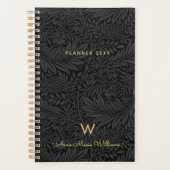 Elegant Gold Monogram Name Black Floral 2026 Planer (Vorderseite)