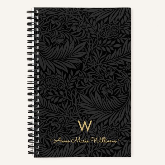 Elegant Gold Monogram Name Black Floral Pattern Notizblock (Vorderseite)