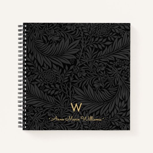 Elegant Gold Monogram Name Black Floral Pattern Notizblock (Vorderseite)