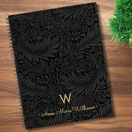Elegant Gold Monogram Name Black Floral Pattern Notizblock