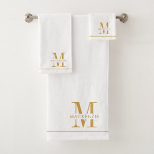 Elegant Gold Monogram Name White Badhandtuch Set