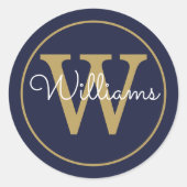 Elegant Gold Monogram Script Name Navy Blue Runder Aufkleber (Vorderseite)