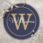 Elegant Gold Monogram Script Name Navy Blue Runder Aufkleber<br><div class="desc">Klassischer Marineblau und schwarzer Monogramm Aufkleber. Sie können den Namen,  das Monogramm personalisieren und den Schriftart anpassen. Entwickelt von Thisisnotme©</div>