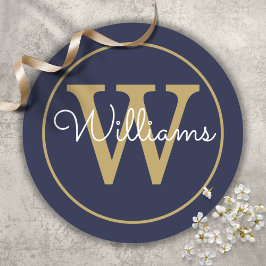 Elegant Gold Monogram Script Name Navy Blue Runder Aufkleber