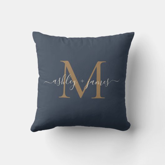 Elegant Gold Monogram Script Names Wedding Blue Kissen (Rückseite)