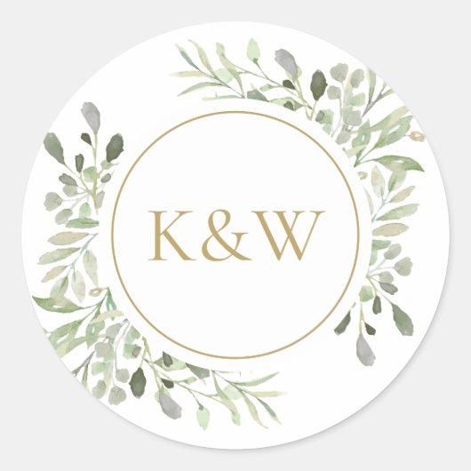 Elegant Gold Monogram Watercolor Greenerity Weddin Runder Aufkleber (Vorderseite)