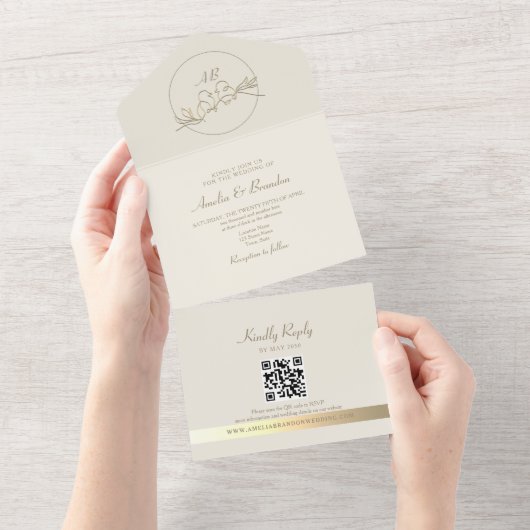 Elegant Gold Monogram Wedding QR Code All In One Einladung (Abreißen)