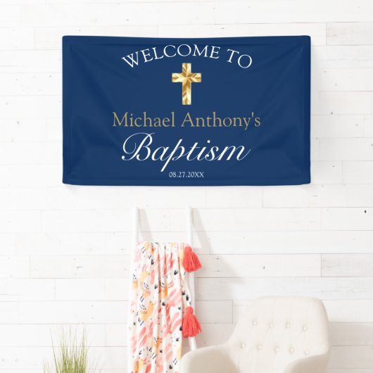 Elegant Gold Navy Baby Taufe Willkommen Banner (Insitu)