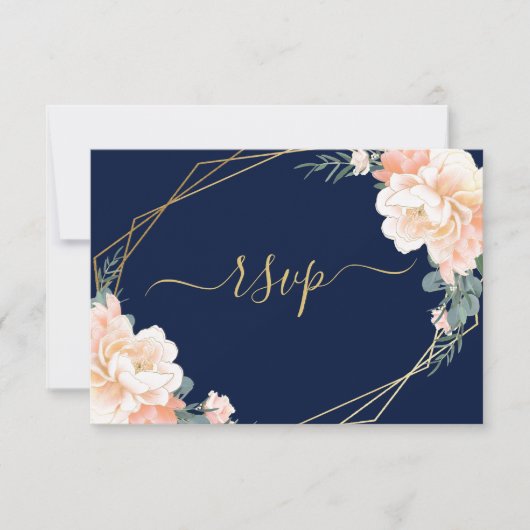 Elegant Gold Navy Blue Blush Peach Floral Wedding RSVP Karte (Vorderseite)