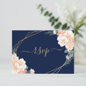 Elegant Gold Navy Blue Blush Peach Floral Wedding RSVP Karte (Stehend Vorderseite)