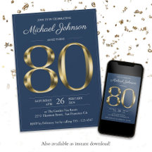 Elegant Gold Navy Blue Classy 80th Birthday Party