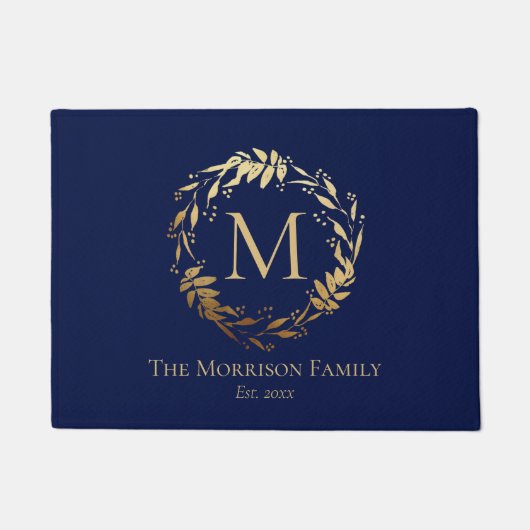 Elegant Gold Navy Blue Eucalyptus Wreath Monogram Fußmatte (Vorderseite)