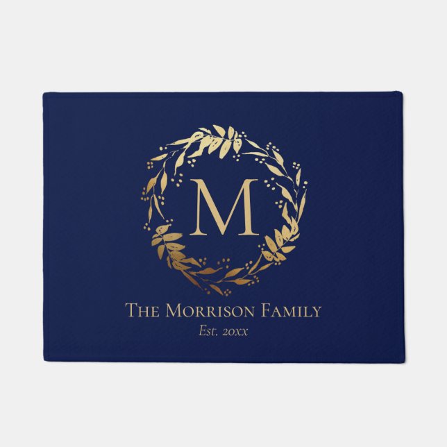 Elegant Gold Navy Blue Eucalyptus Wreath Monogram Fußmatte (Vorderseite)