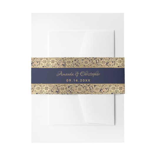 Elegant Gold Navy Blue Floral Rose Script Hochzeit Einladungsbanderole (Vorderseite Beispiel)