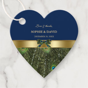 Elegant Gold Navy Blue Peacock Feathers Wedding Geschenkanhänger