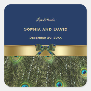 Elegant Gold Navy Blue Peacock Feathers Wedding Quadratischer Aufkleber