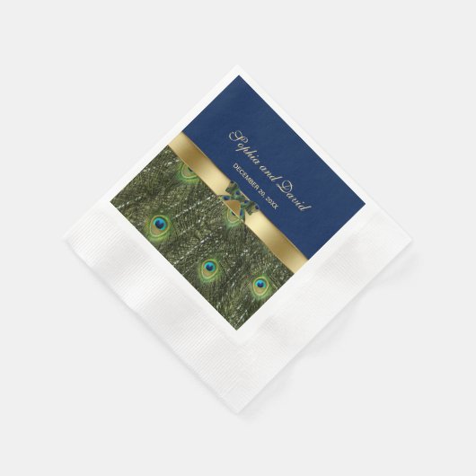 Elegant Gold Navy Blue Peacock Feathers Wedding Serviette (Ecke)