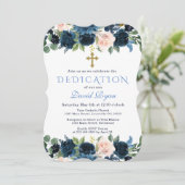 Elegant Gold Navy Blue Pink Floral Dedication Einladung (Stehend Vorderseite)