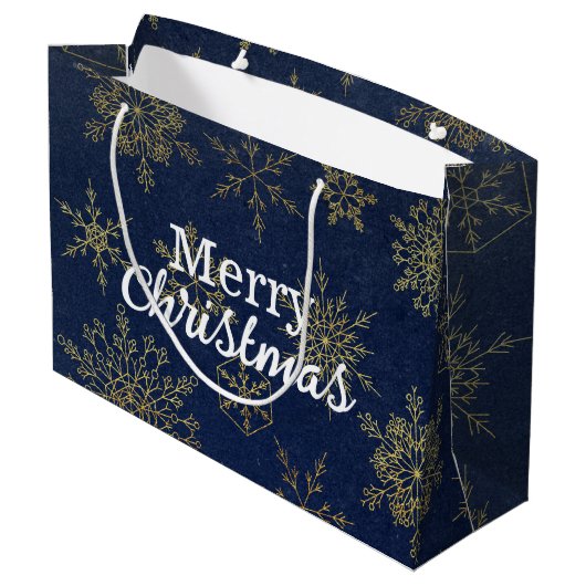 Elegant Gold Navy Blue Snowflakes Frohe Weihnachte Große Geschenktüte (Rückseite Schrägansicht)