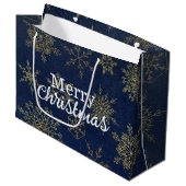 Elegant Gold Navy Blue Snowflakes Frohe Weihnachte Große Geschenktüte (Vorderseite Schrägansicht)