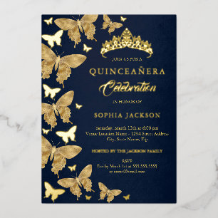 Elegant Gold Navy Butterfly Quinceanera Folieneinladung