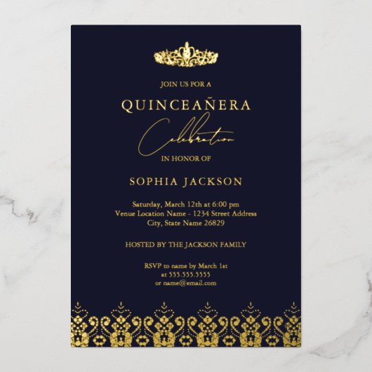 Elegant Gold Navy Tiara Quinceanera Folieneinladung (Vorderseite)