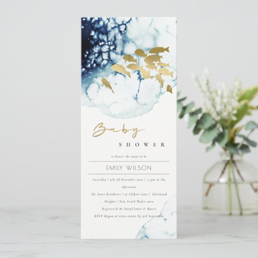 ELEGANT GOLD NAVY UNTERWASSER FISH BABY DUSCHE EINLADUNG (Stehend Vorderseite)