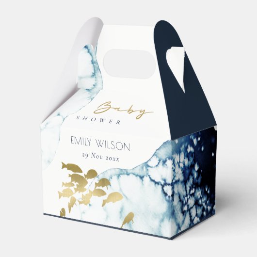 ELEGANT GOLD NAVY UNTERWASSER FISH BABY DUSCHE GESCHENKSCHACHTEL (Vorderseite)