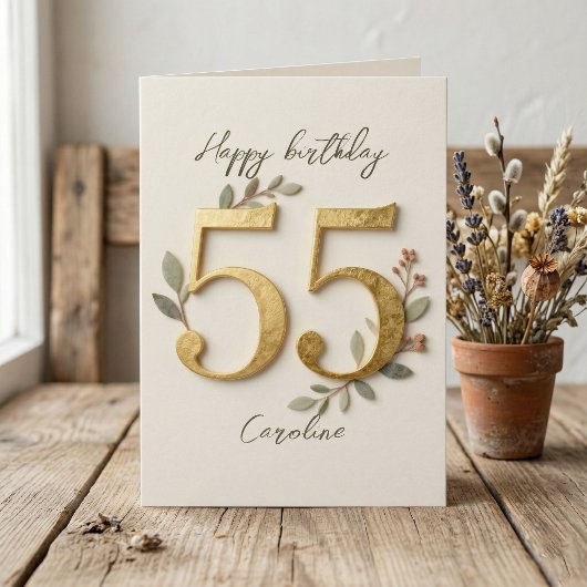 Elegant Gold Numbers Botanical 55th Birthday Karte