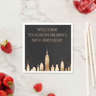 Elegant Gold NYC Skyline Birthday Welcome Napkin Serviette