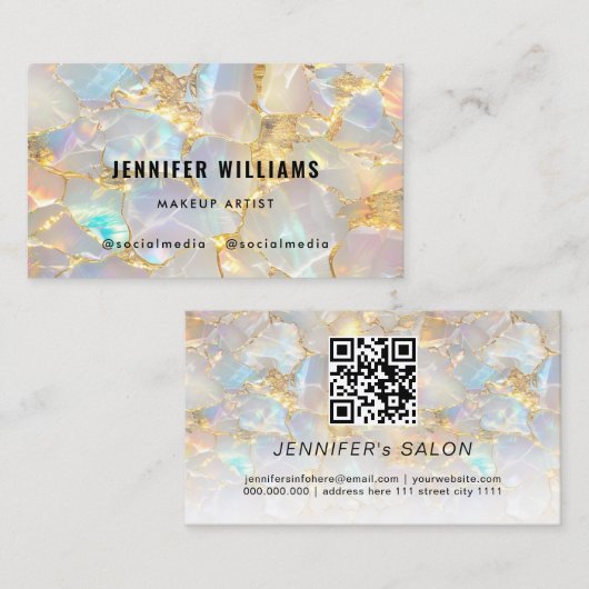 Elegant Gold Opal Stone QR Code Beauty Salon Visitenkarte (Vorne/Hinten)