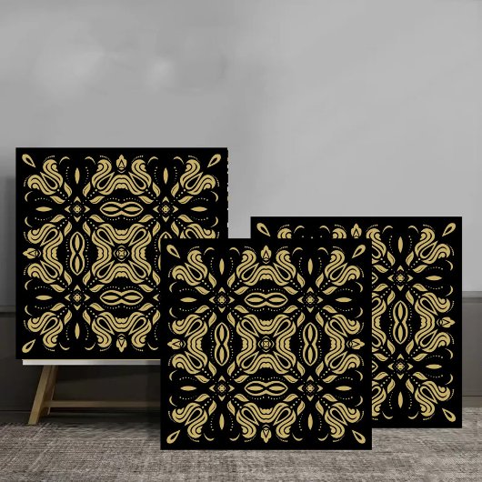 Elegant Gold Ornamental Pattern on Black Fliese