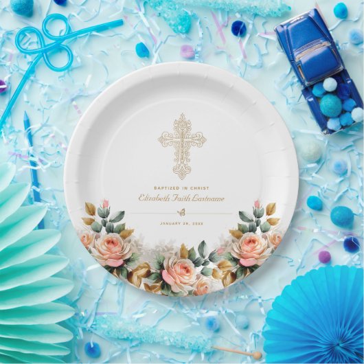 Elegant Gold Ornate Cross Floral Baptism Pappteller (Party)