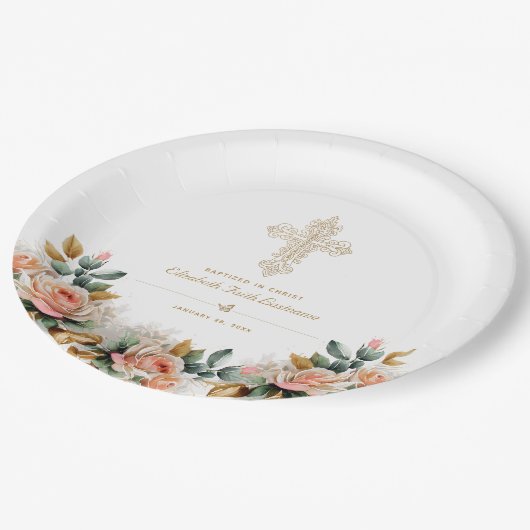 Elegant Gold Ornate Cross Floral Baptism Pappteller (Schrägansicht)