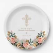 Elegant Gold Ornate Cross Floral Baptism Pappteller (Vorderseite)