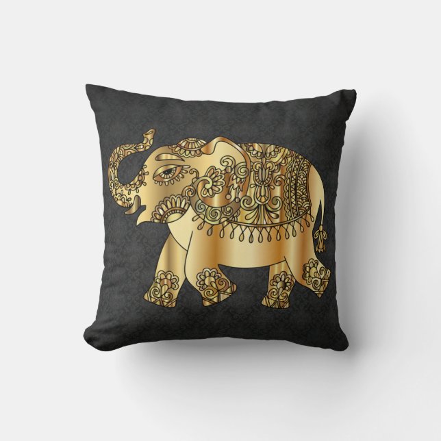 Elegant Gold Paisley Elephant, Black Damask Kissen (Vorderseite)