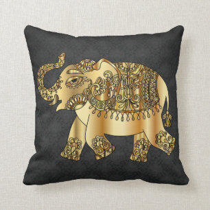 Elegant Gold Paisley Elephant, Black Damask Kissen
