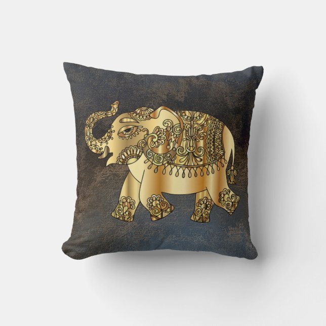 Elegant Gold Paisley Elephant, Lederlook Kissen (Vorderseite)