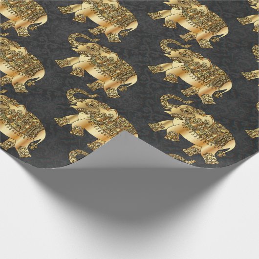 Elegant Gold Paisley Floral Elephant, Black Damask Geschenkpapier (Ecke)