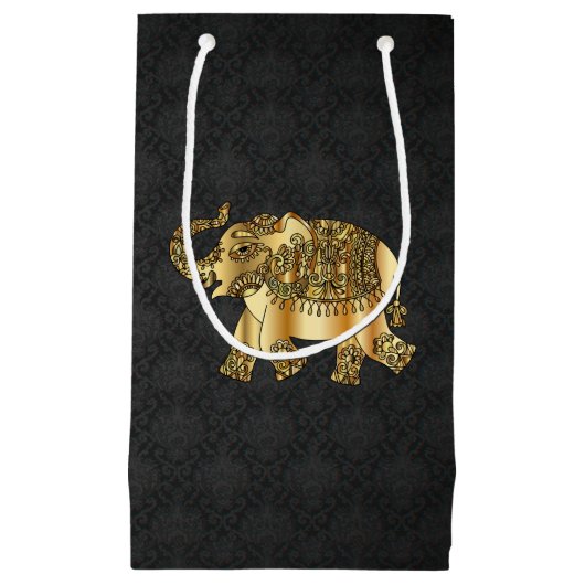 Elegant Gold Paisley Floral Elephant, Black Damask Kleine Geschenktüte (Vorderseite)