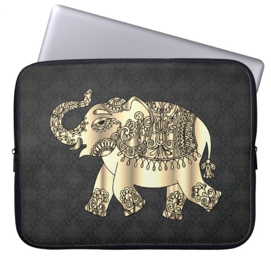 Elegant Gold Paisley Floral Elephant, Black Damask Laptopschutzhülle (Vorderseite)