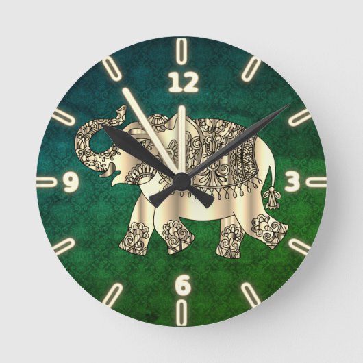 Elegant Gold Paisley Floral Elephant, Green Damask Runde Wanduhr (Vorderseite)
