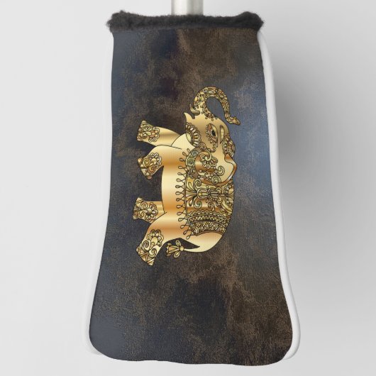 Elegant Gold Paisley Floral Elephant, Lederlook Golf Headcover (Rotieren 90)