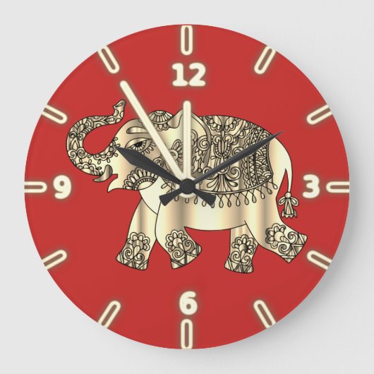 Elegant Gold Paisley Floral Elephant, rot Große Wanduhr (Vorderseite)