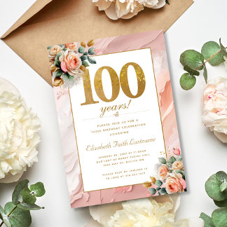 Elegant Gold Peach Pink Floral 100. Geburtstag Einladung